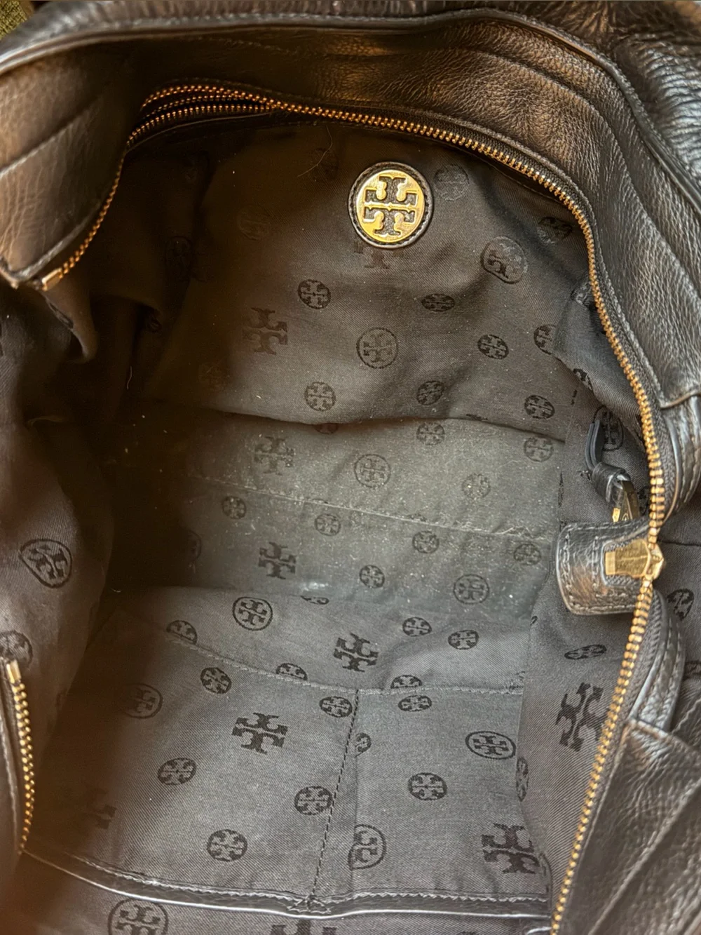 Tory Burch Black Pebbled Leather Tote with Gold Accents
